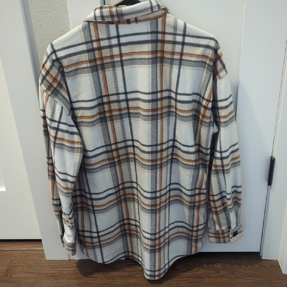 Maurices Cream Plaid Button-Up Shacket with Brown & Gray Stripes - Picture 3 of 3